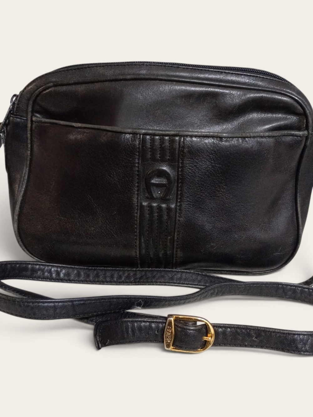 Etienne Aigner Black Leather Crossbody with Gold-Tone Buckle Accent